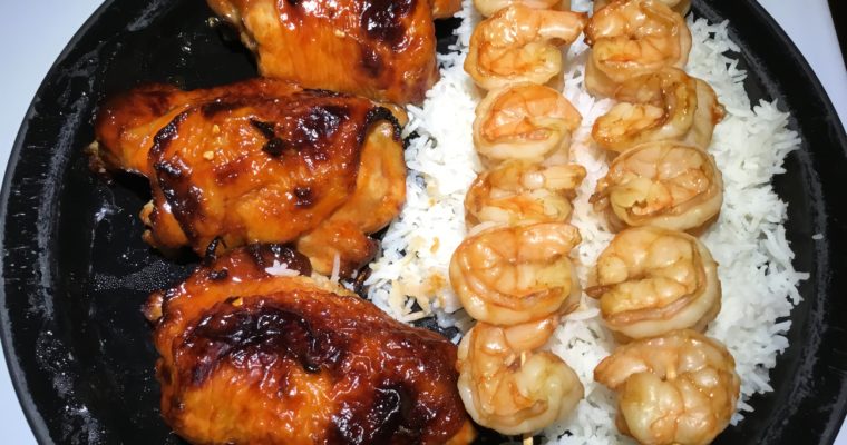 Toyomansi Chicken Thighs and Shrimp Skewers with Calamansi/Banana Ketchup Glaze