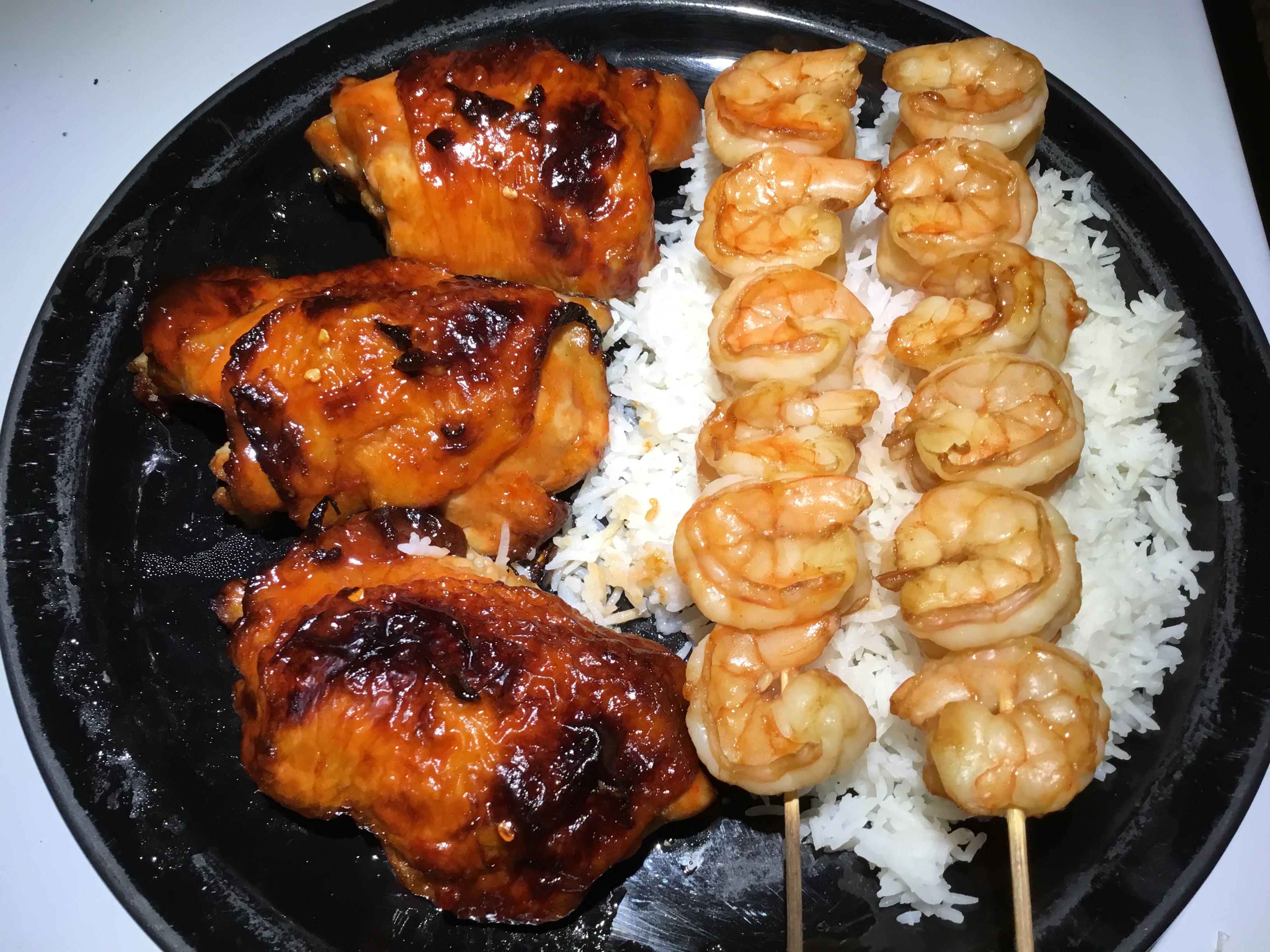 Toyomansi Chicken Thighs and Shrimp Skewers with Calamansi/Banana Ketchup Glaze