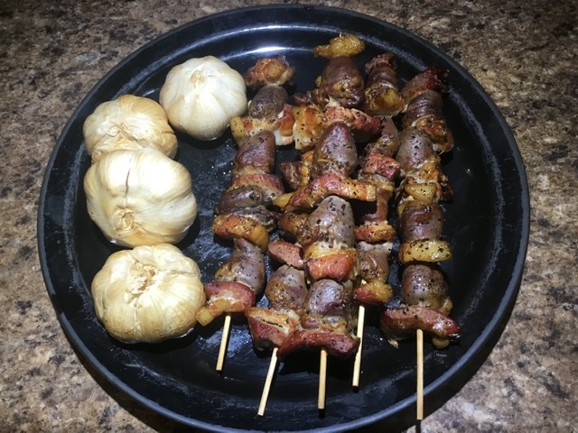 Smoked Duck Heart and Pork Belly Skewers