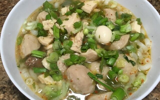 Kow Piek Sen (Chicken Soup with Pork Meatballs, Quail Eggs, and Rice Macaroni)