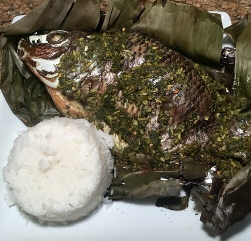 Asian-style fish baked in a banana leaf