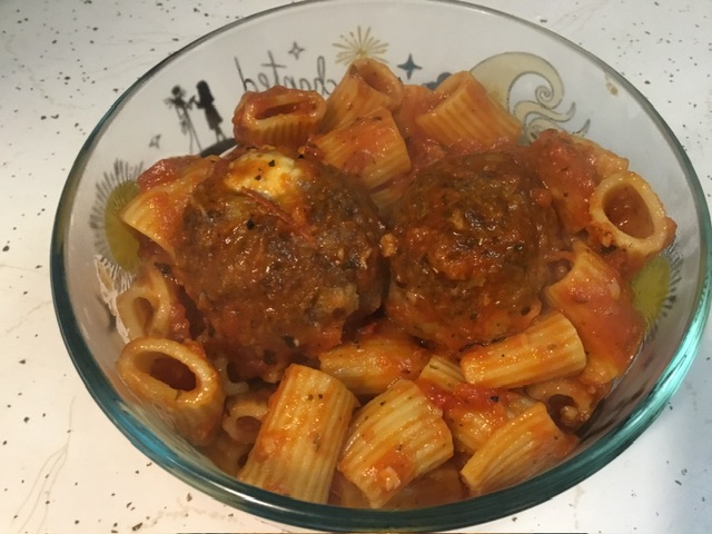 Rigatoni in Arrabiata Sauce with Mozzarella Stuffed Meatballs